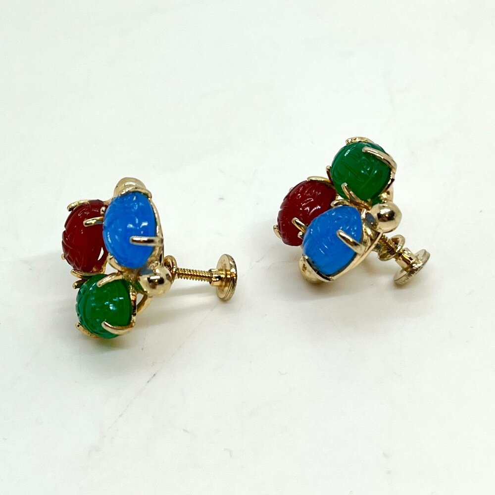 Vintage GLASS SCARAB Earrings Egyptian Revival Gold Tone Screwback - Picture 9 of 13